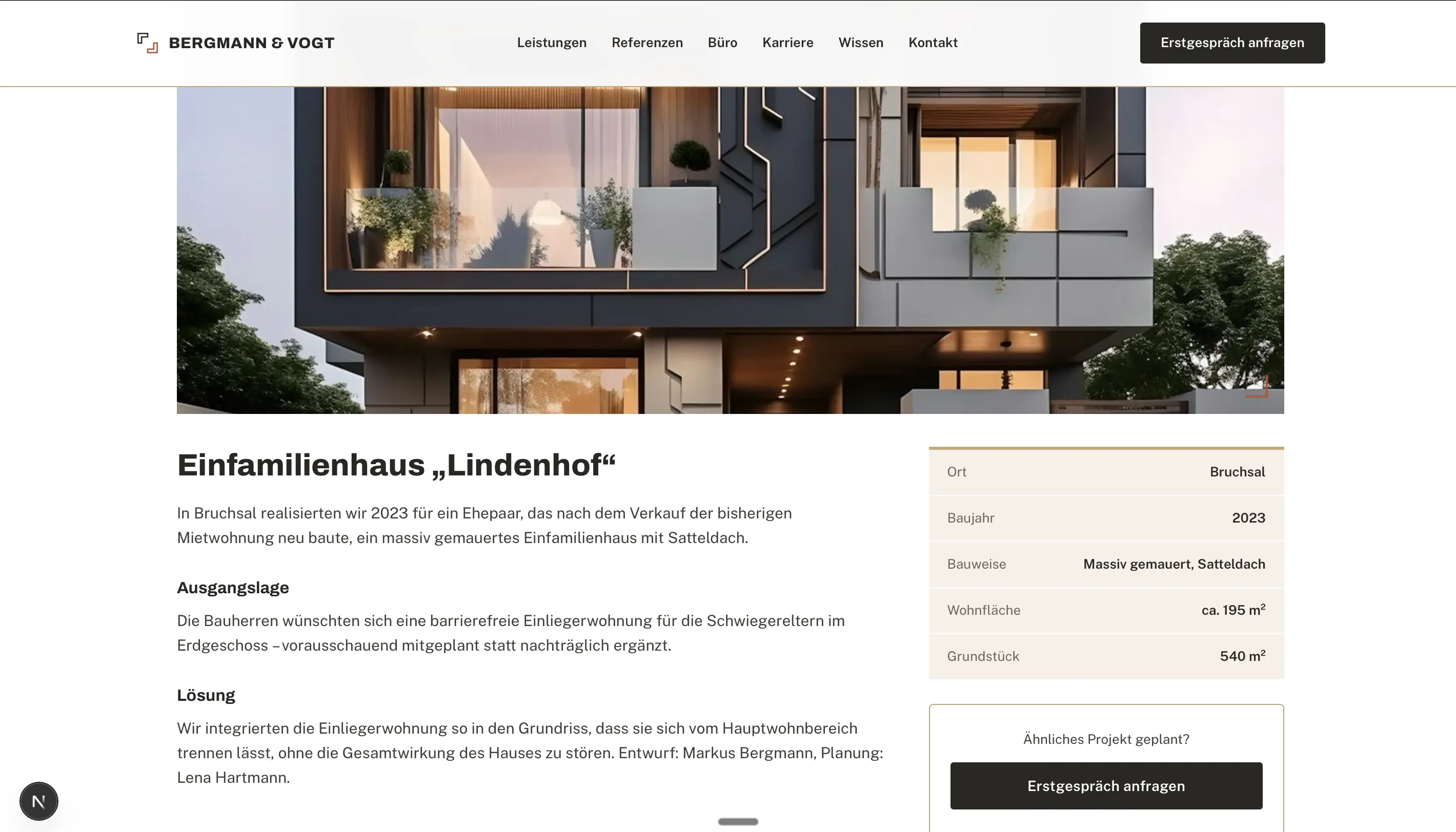 Projekt-Detailseite mit Informationsarchitektur